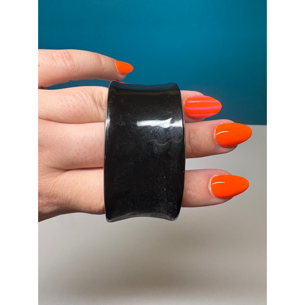 Vintage Black Enamel Wide Hinged Cuff Bracelet Silver Tone Concave Modernist